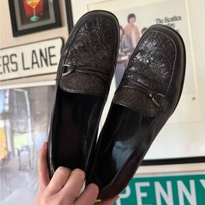 womens black and brown leather woven loafers